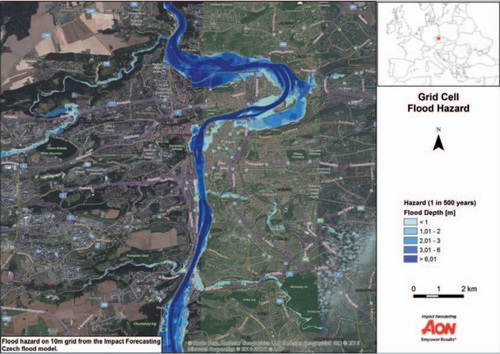 Mapa 1: Mapa povodňového nebezpečí pro povodeň s dobou opakování 1000 let – výřez zobrazující okolí Prahy