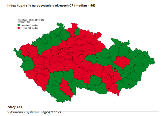 Index kupní síly na obyvatele vokresech ČR (median = 96) Zdroj GfK