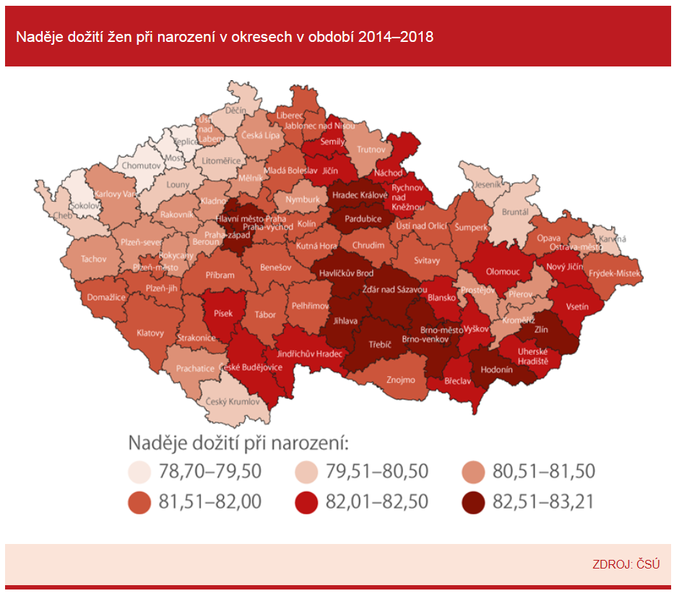 Naděje dožití žen při narození v okresech v období 2014–2018 Zdroj ČSÚ