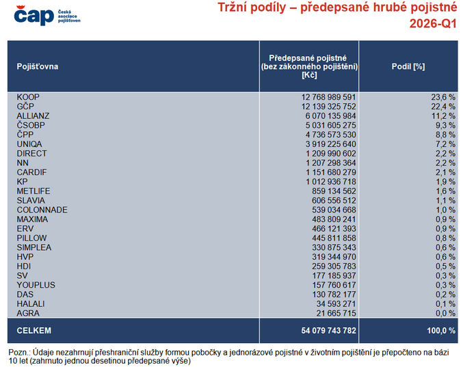 Tržní podíly – předepsané hrubé pojistné 1Q, Zdroj Česká asociace pojišťoven Tržní podíly – předepsané hrubé pojistné 1Q, Zdroj Česká asociace pojišťoven