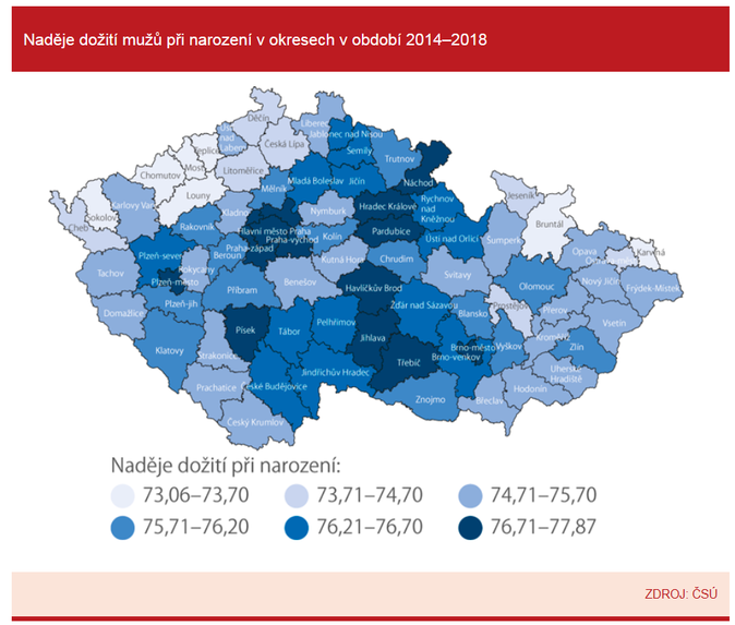 Naděje dožití mužů při narození v okresech v období 2014–2018 Zdroj ČSÚ