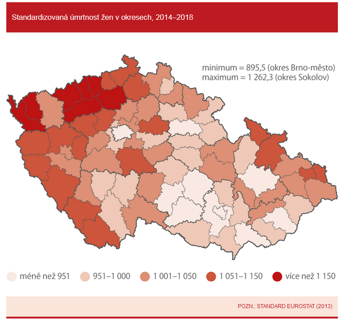 Standardizovaná úmrtnost žen v okresech, 2014–2018