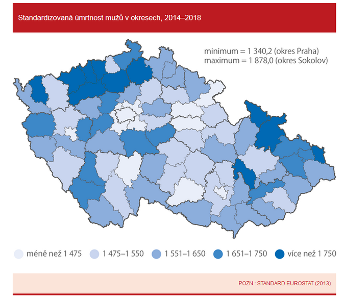 Standardizovaná úmrtnost mužů v okresech, 2014–2018