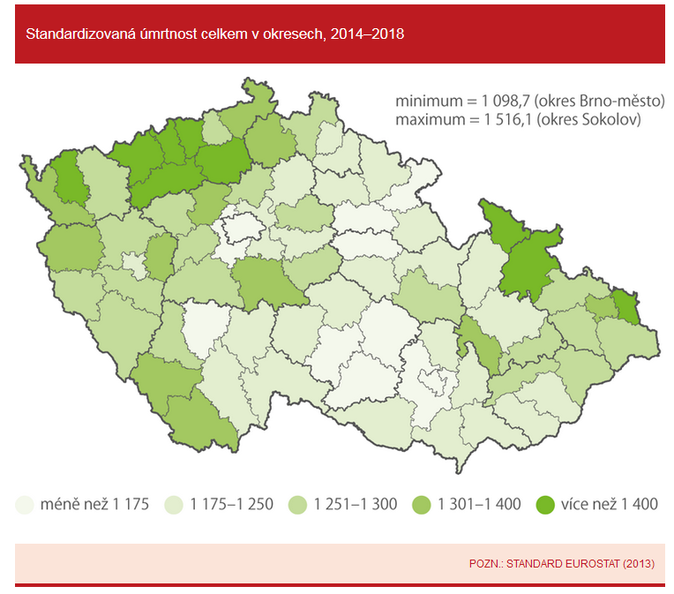 Standardizovaná úmrtnost celkem v okresech, 2014–2018