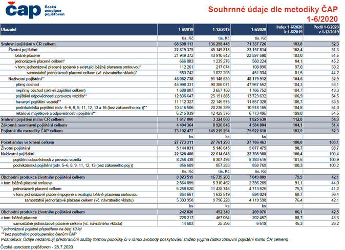 Souhrnné údaje dle metodiky ČAP 1-6-2020