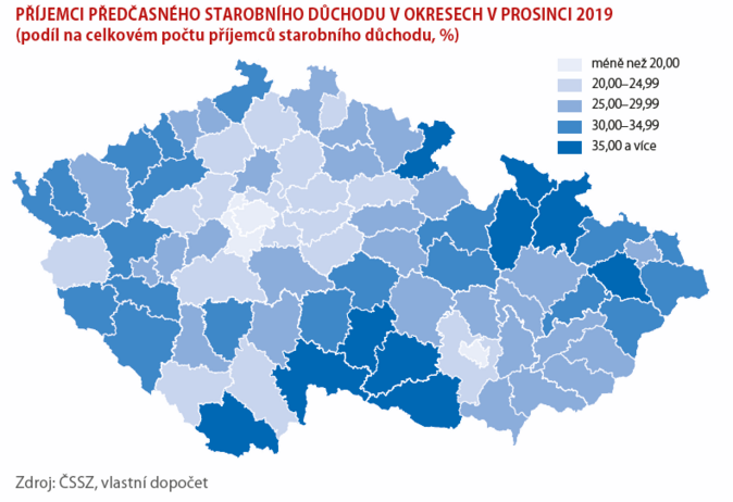 PŘÍJEMCI PŘEDČASNÉHO STAROBNÍHO DŮCHODU V OKRESECH V PROSINCI 2019