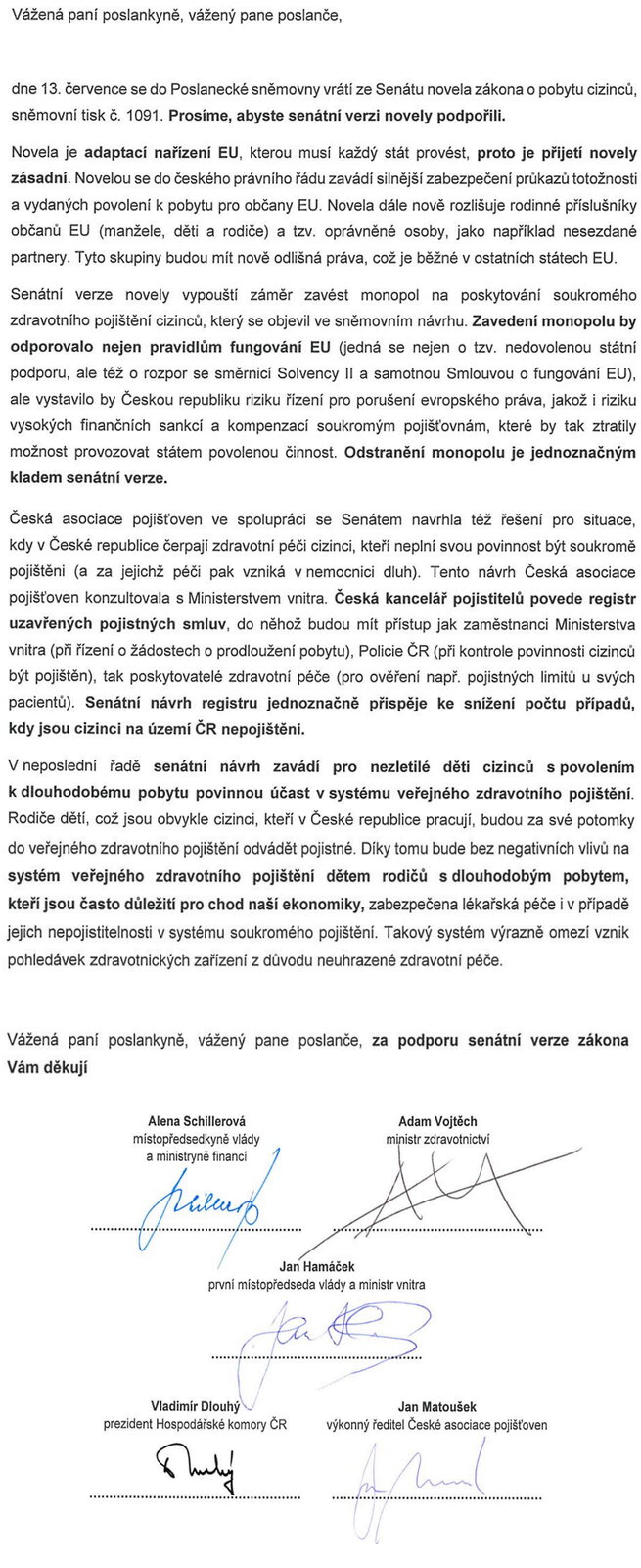 Schillerová, Vojtěch a Hamáček odmítají monopol ve zdravotním pojištění cizinců