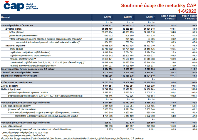 Souhrnné údaje dle metodiky ČAP 1-6-2022 Zdroj ČAP